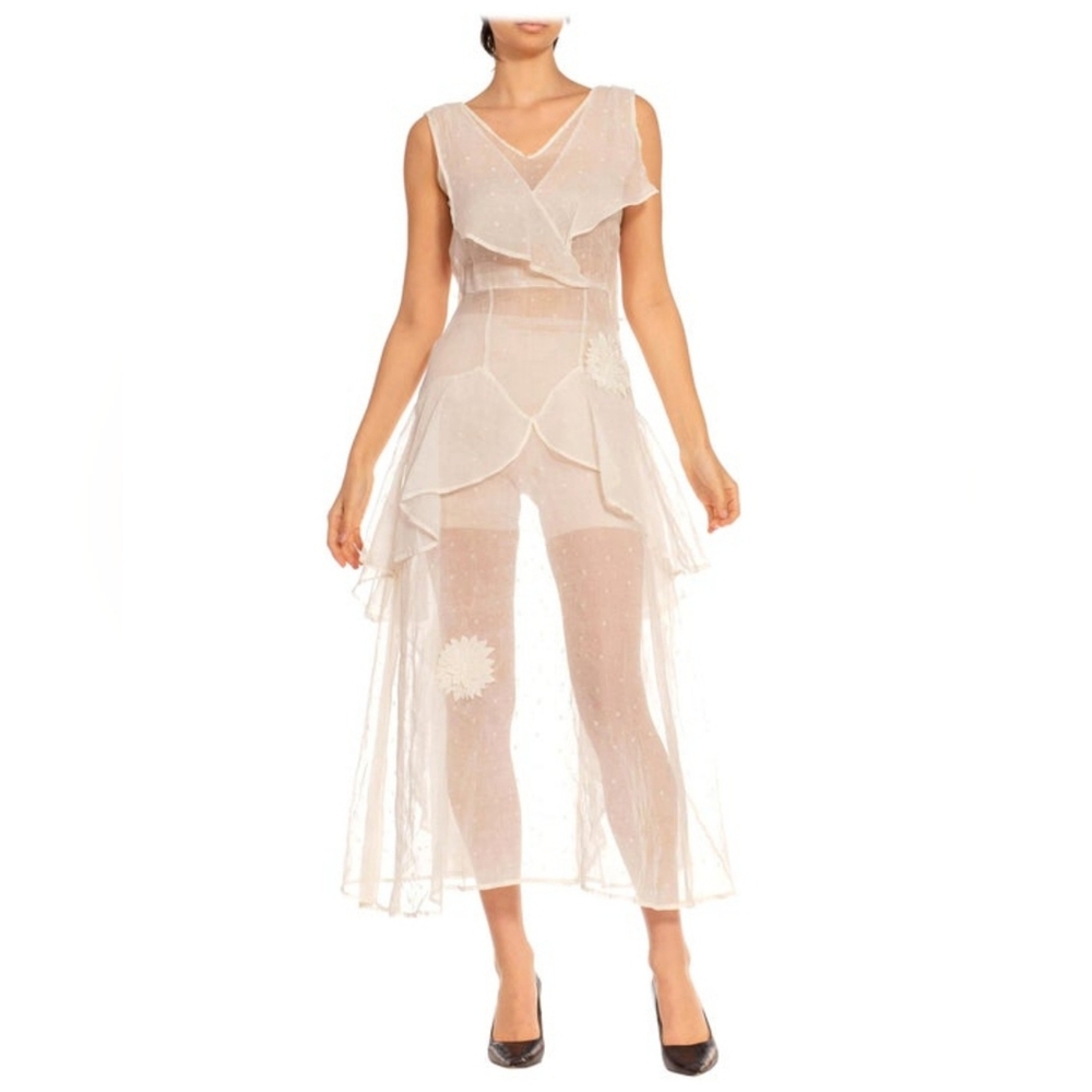 1930s Sheer Broiderie Dress With Floral Applique And Hand Stitched Details